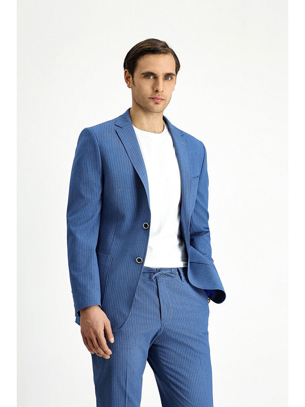 İndigo Super Slim Fit Ekstra Dar Kesim Çizgili Beli Lastikli İpli Gofre Takım Elbise-2
