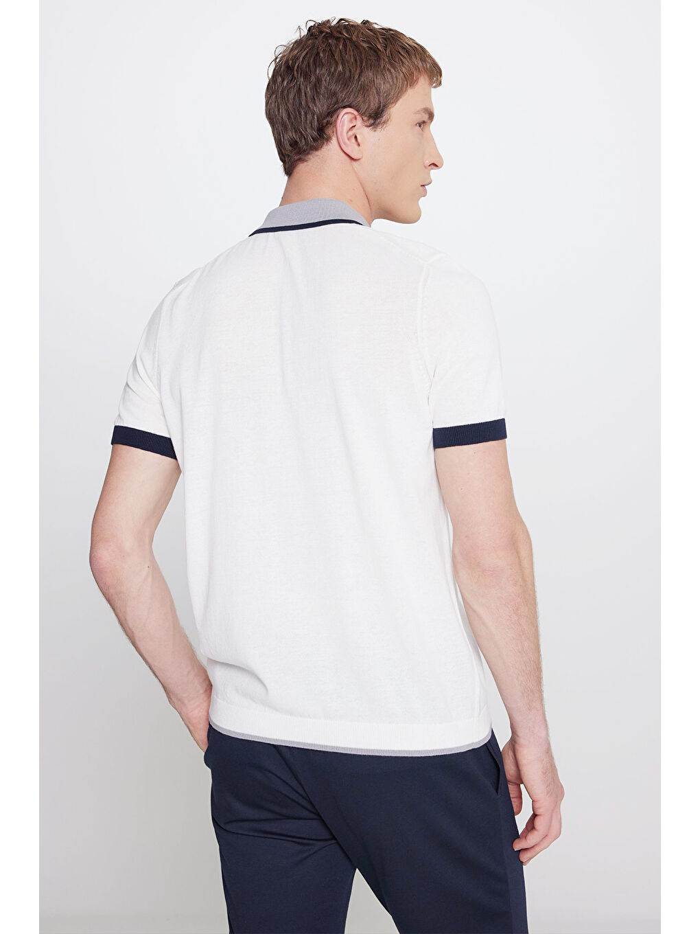 Erkek Ekru %100 Pamuk Standart Fit Normal Kesim Polo Yaka Triko Tişört-4