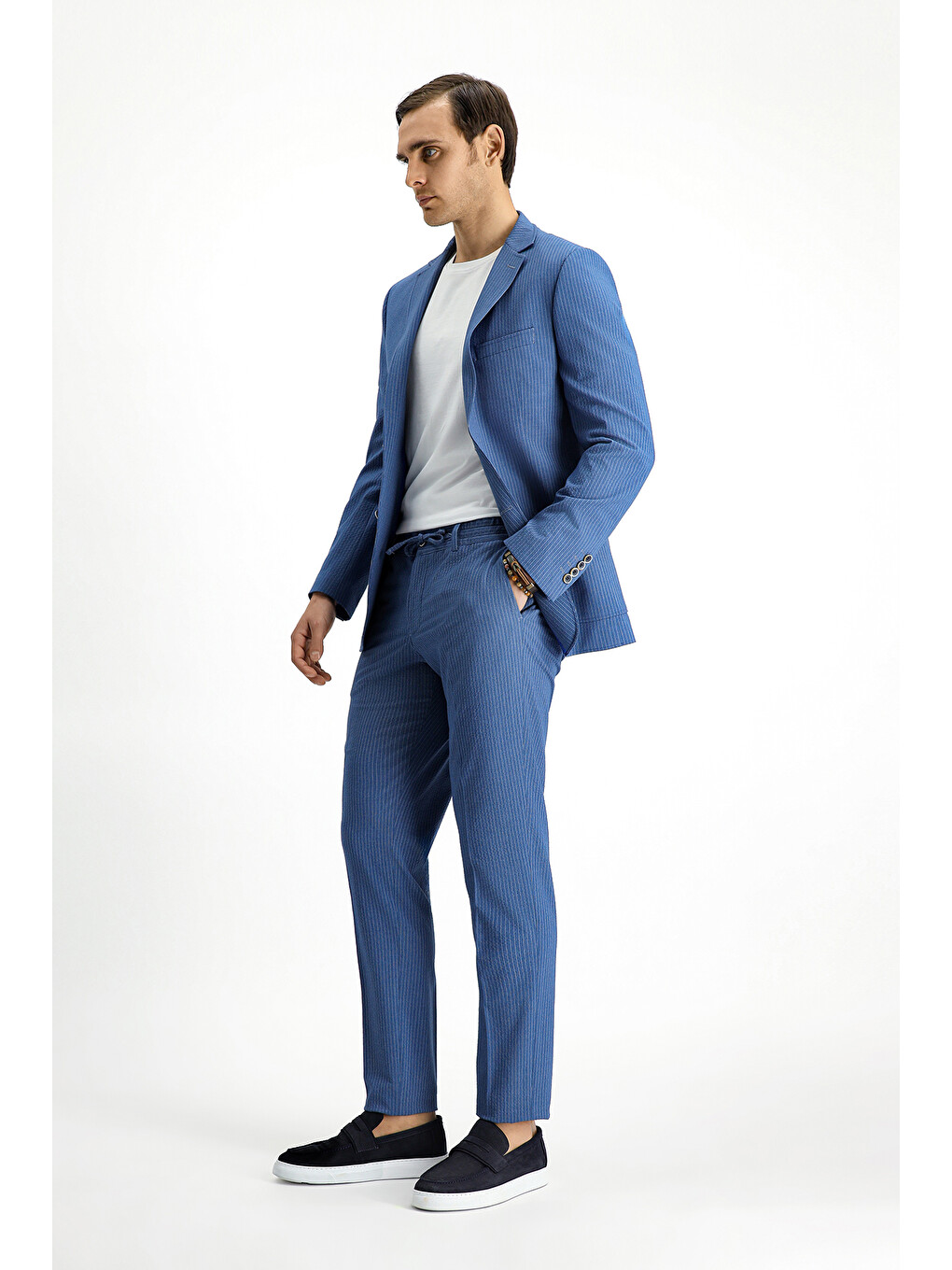 İndigo Super Slim Fit Ekstra Dar Kesim Çizgili Beli Lastikli İpli Gofre Takım Elbise-3