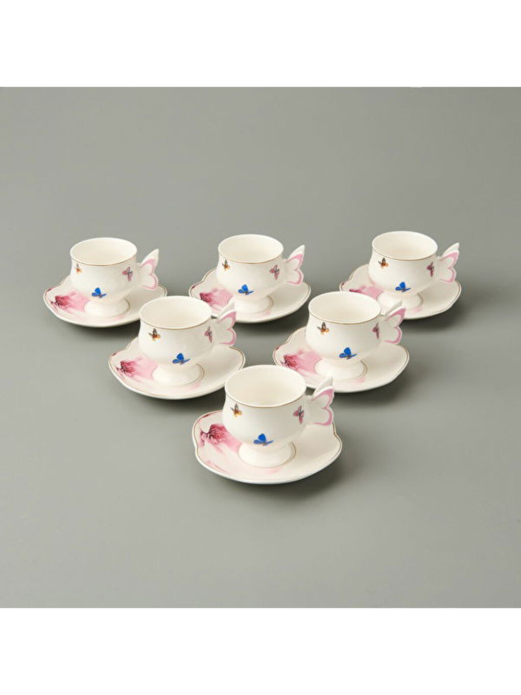 Kitchen 12 Parça Kelebek Desenli Kahve Fincan Seti - Bej