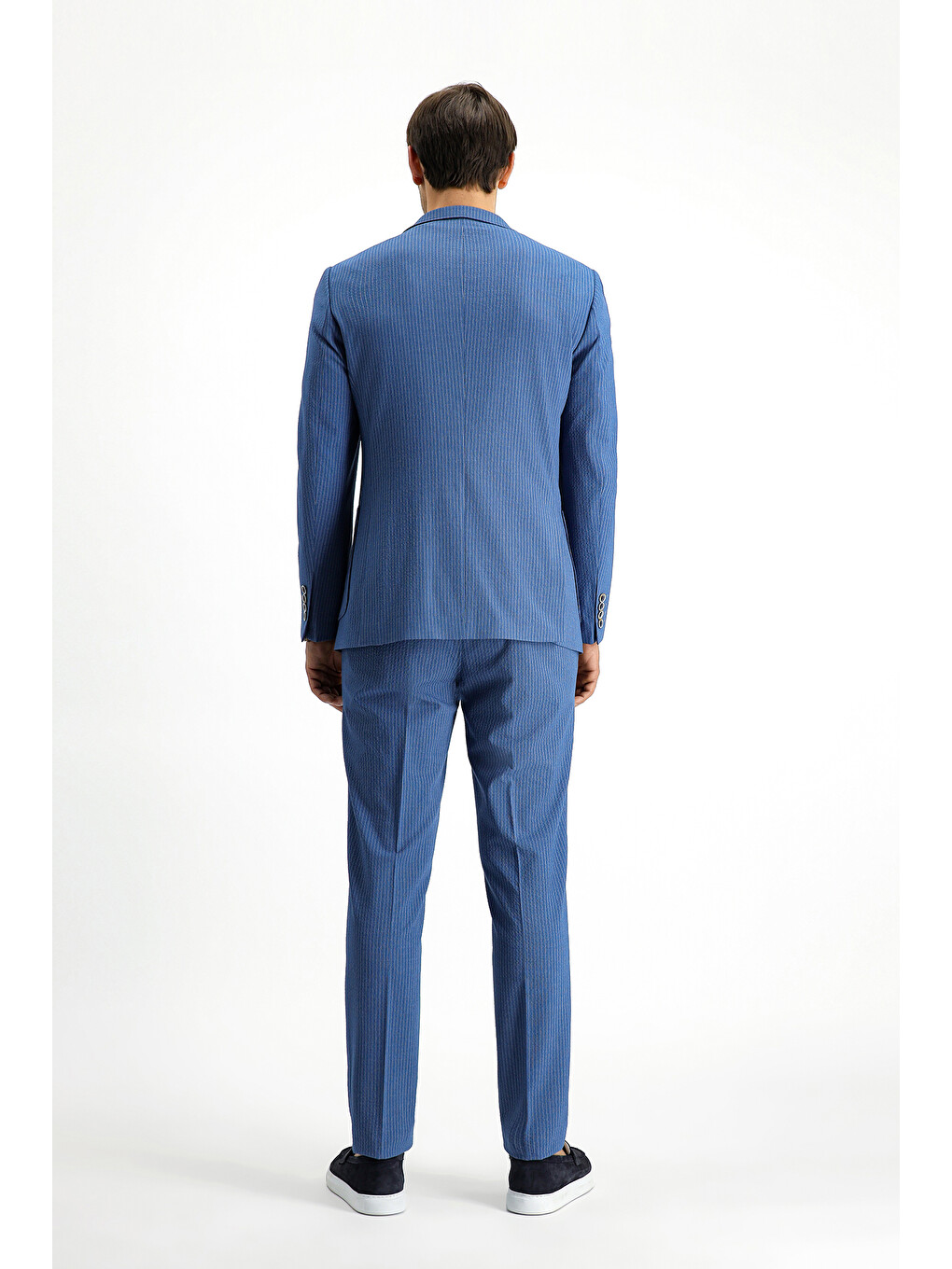 İndigo Super Slim Fit Ekstra Dar Kesim Çizgili Beli Lastikli İpli Gofre Takım Elbise-4