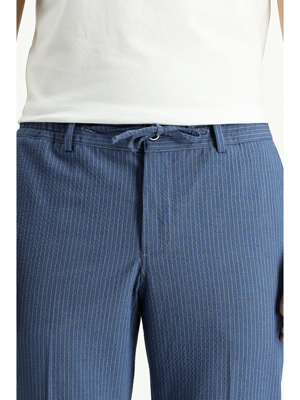 İndigo Super Slim Fit Ekstra Dar Kesim Çizgili Beli Lastikli İpli Gofre Takım Elbise-5