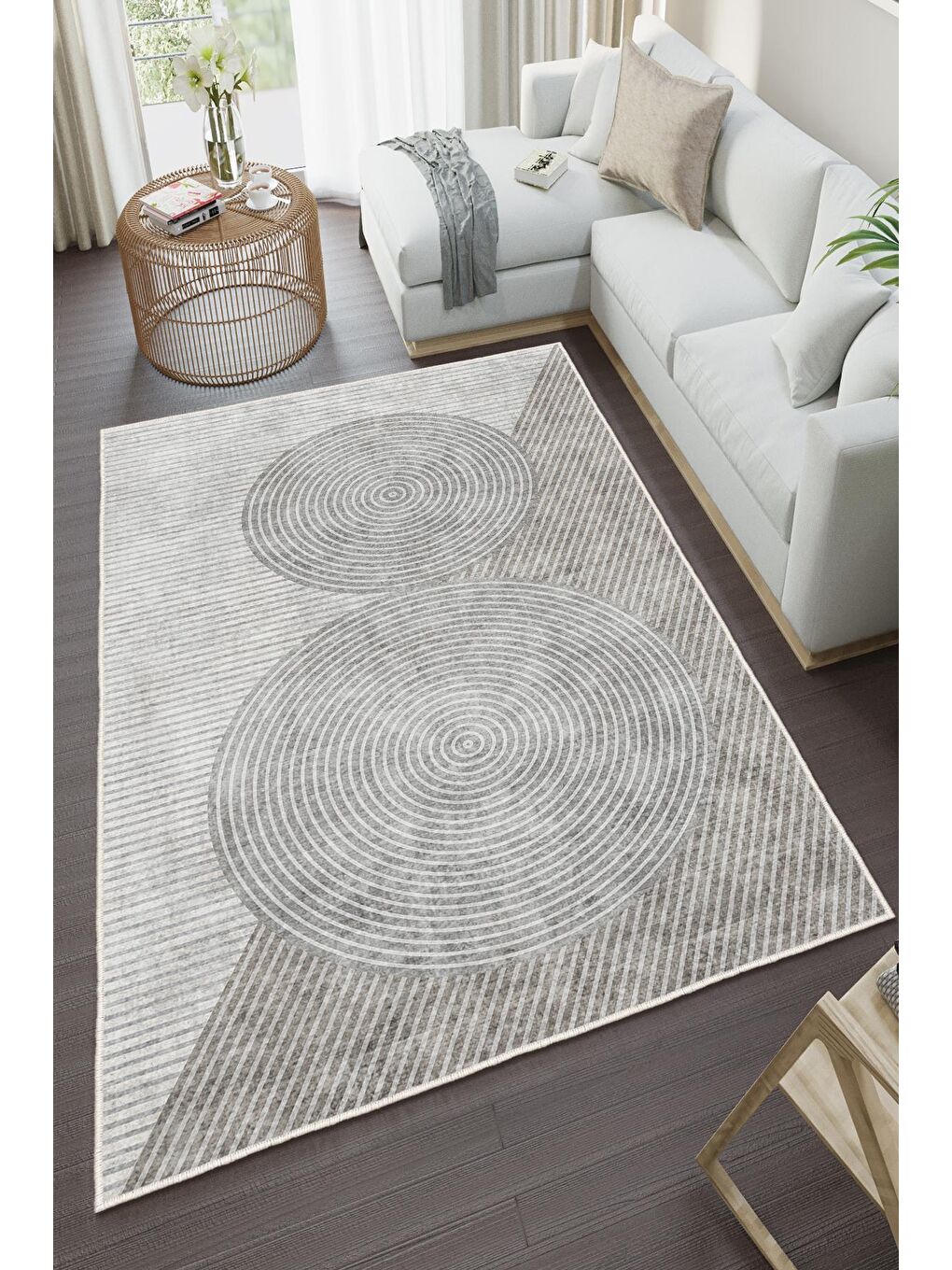 Gri Özel Tasarım, Kaymaz Taban, İnce, Yıkanabilir, Modern Halı WOOKECE1447 120x180-2