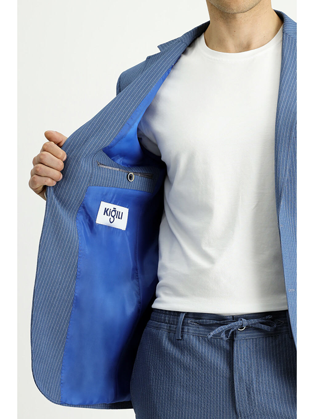 İndigo Super Slim Fit Ekstra Dar Kesim Çizgili Beli Lastikli İpli Gofre Takım Elbise-6