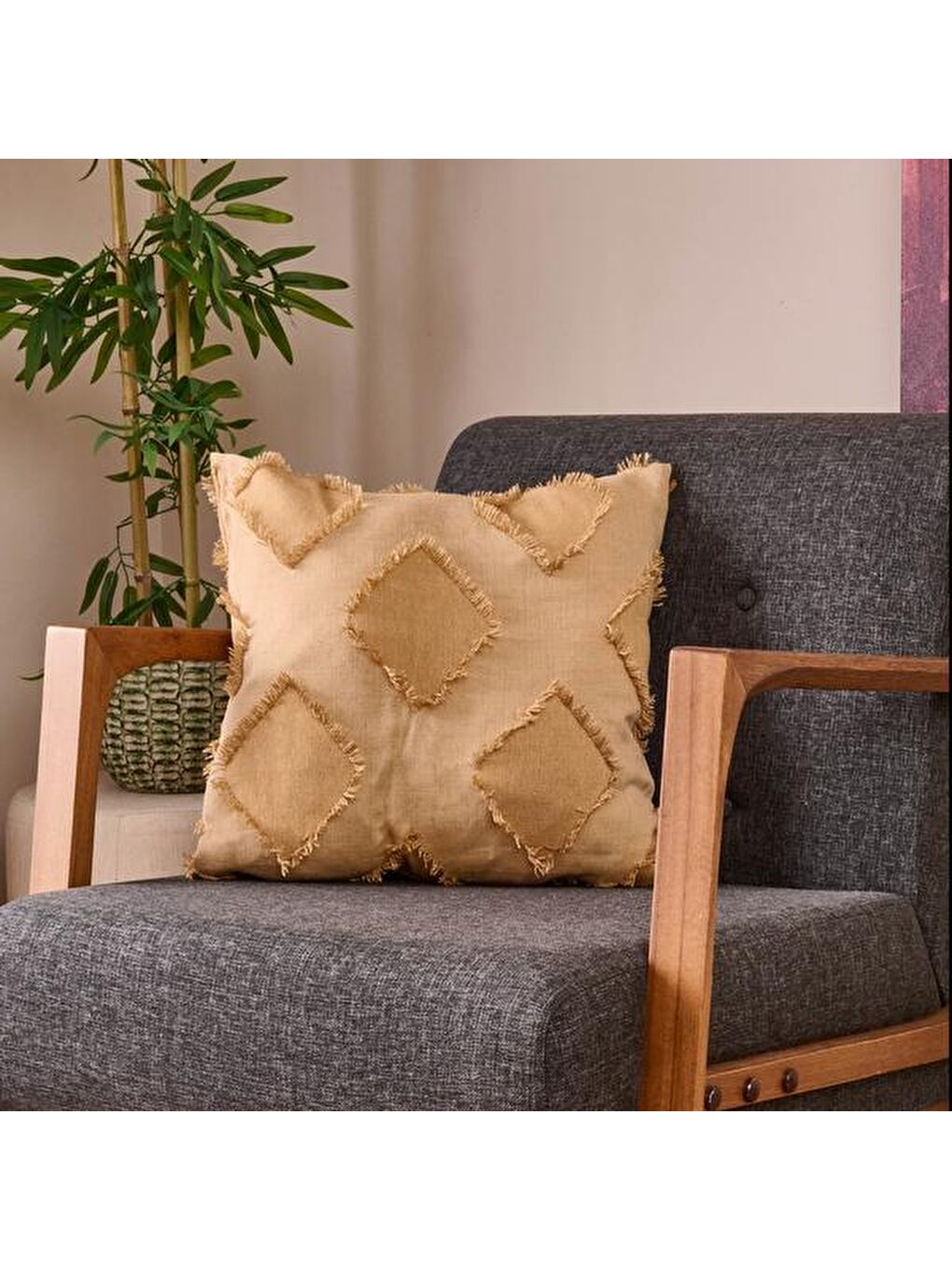 Kahverengi Soft Ros Kırlent - Hardal - 45x45 cm