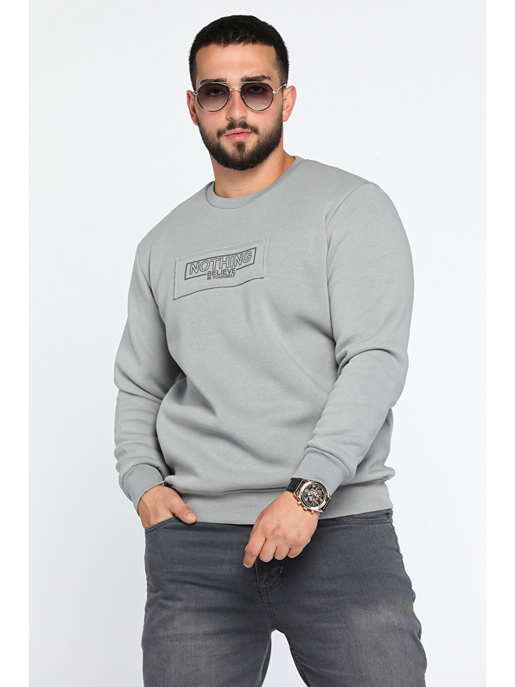 Mishar İtalia Gri Erkek Yazı Baskılı Şardonlu Üç İplik Sweatshirt