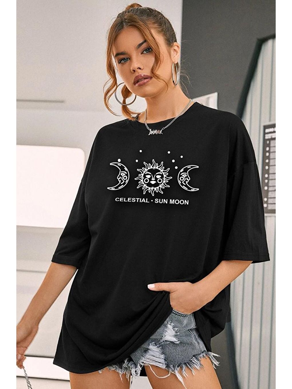 uyguntarz Siyah Unisex Sun Moon Baskılı T-shirt