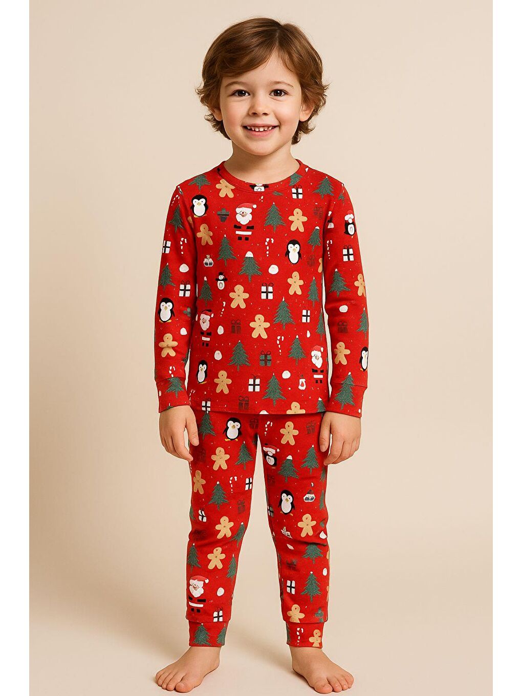 Karışık Çocuk Yılbaşı Temalı Pijama Takımı Kırmızı