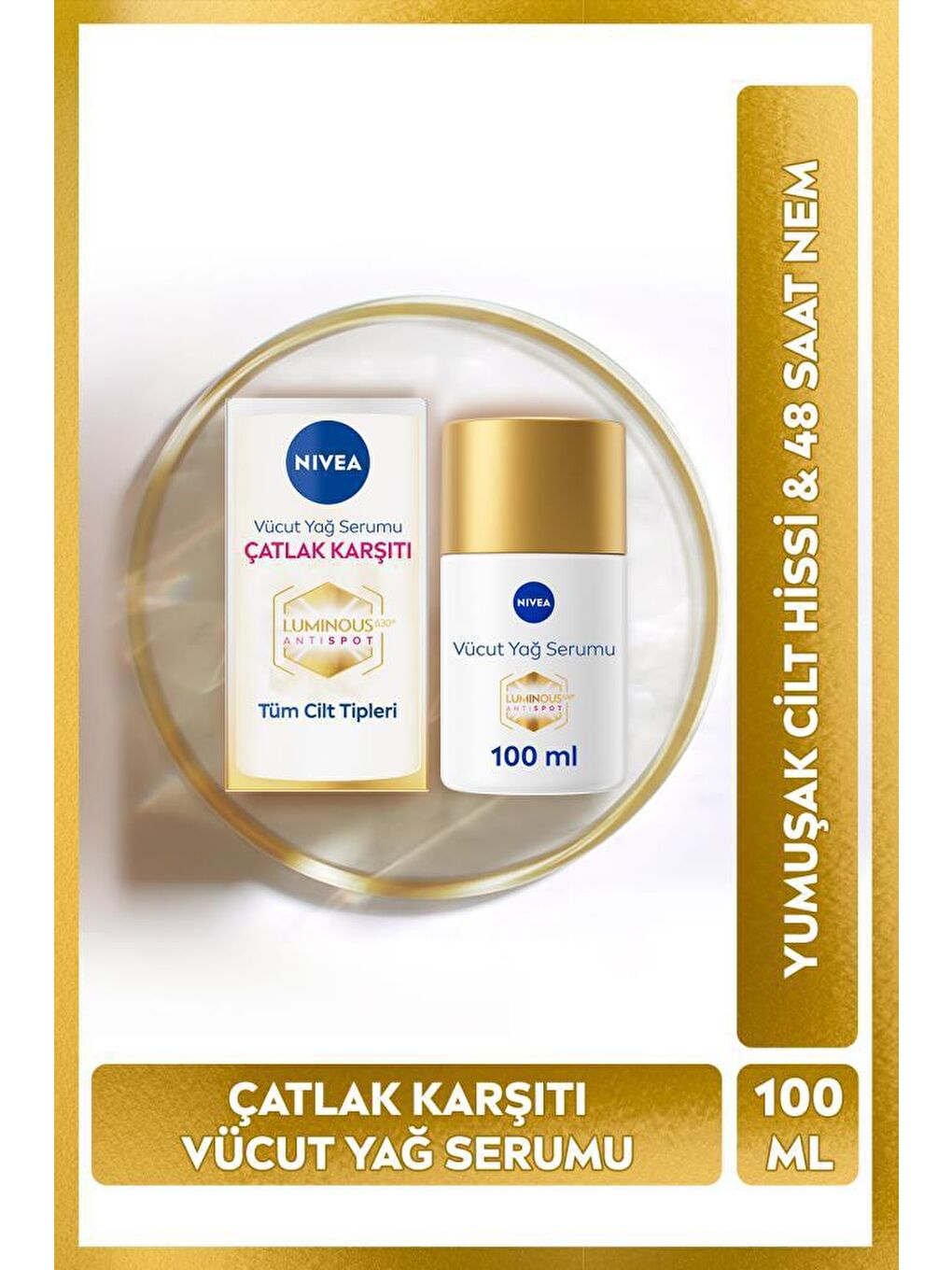 NIVEA Luminous Çatlak Karşıtı Vücut Yağ Serumu 100ml, Cilt Tonu Eşitleyici, 48 Saat Nemlendirici