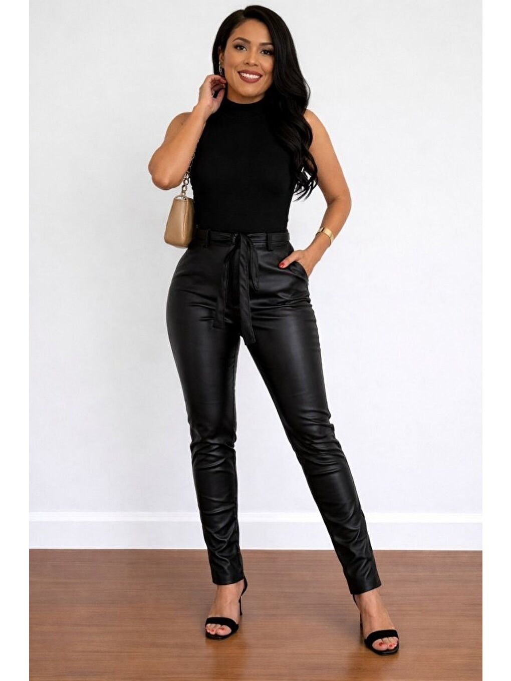 Siyah Kadın Yüksek Bel Kuşaklı Deri Pantolon-2