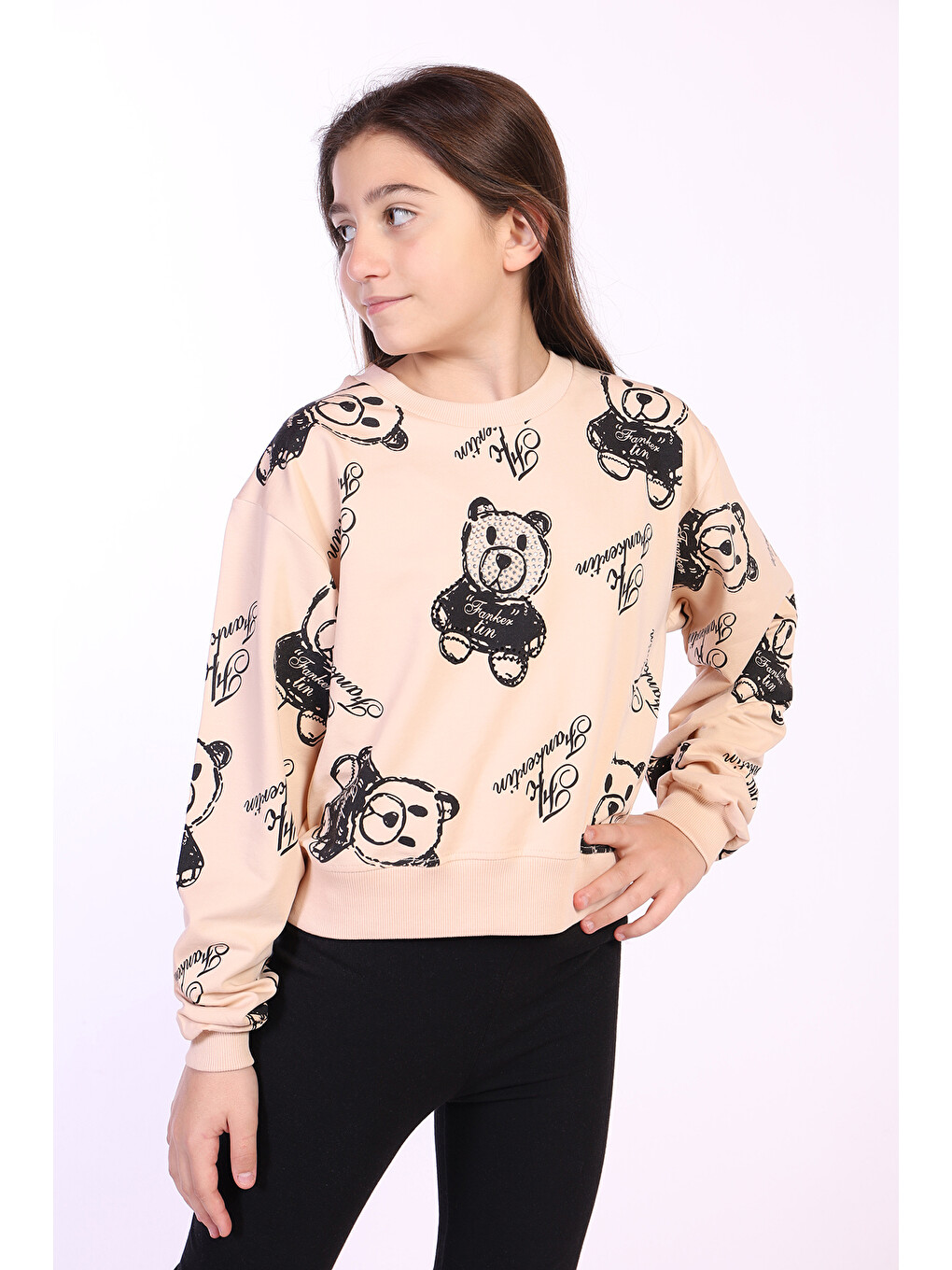 Bej Kız Çocuk Ayıcık Baskılı Sweatshirt