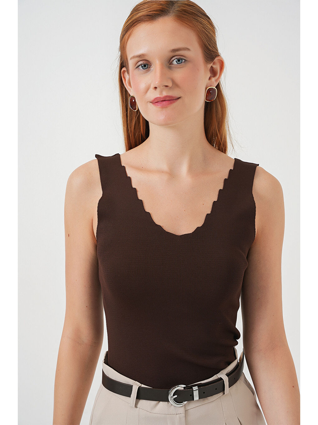 Kadın Zikzaklı V Yaka Bluz 15930 - Kahverengi