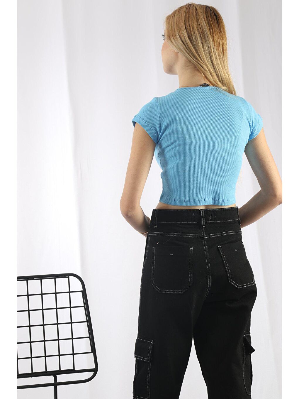 Mavi U Yaka Önü Düğmeli BLUZ-4