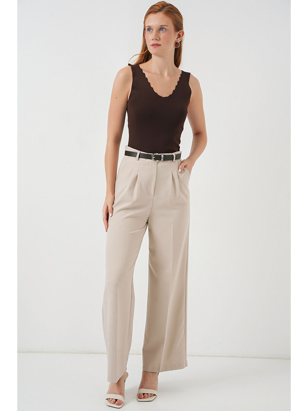 Kadın Zikzaklı V Yaka Bluz 15930 - Kahverengi-1