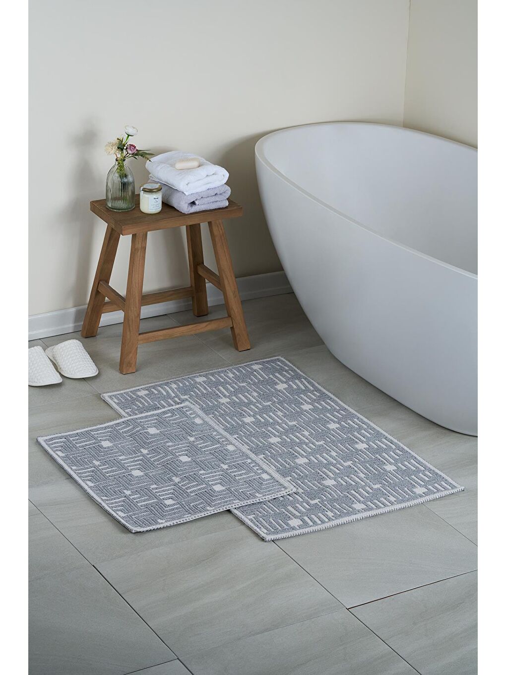 Stol Doğal Pamuklu 2'li Banyo Paspas Seti 60x100+50x60 Cm - Gri