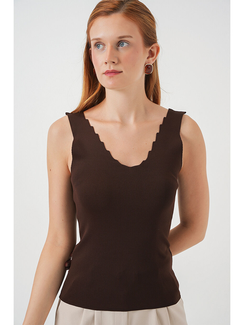 Kadın Zikzaklı V Yaka Bluz 15930 - Kahverengi-2