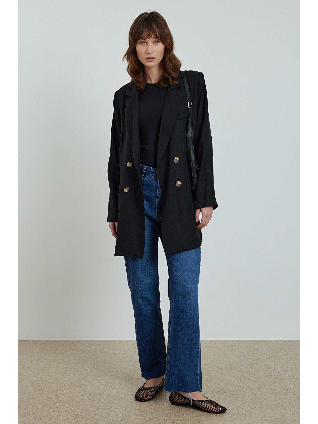 Flamlı Keten Görünümlü Ceket - Siyah