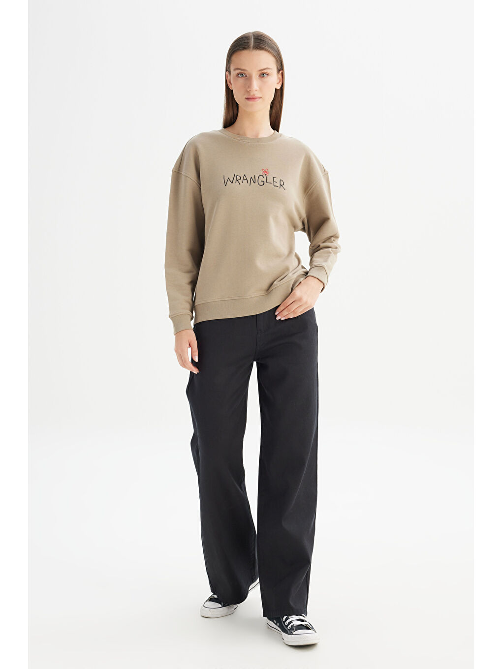 %100 Pamuk Relaxed Fit Geniş Bisiklet Yaka Bej Big Logo Sweatshirt-1