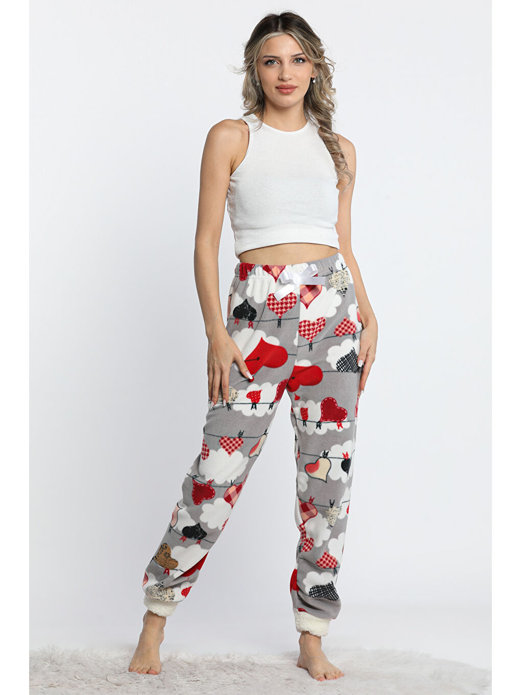 Gri Kalp Ve Bulut Desenli Kadın Polar Pijama Altı