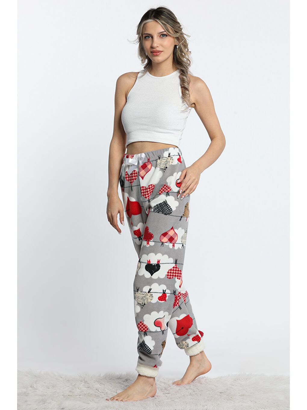 Gri Kalp Ve Bulut Desenli Kadın Polar Pijama Altı-1