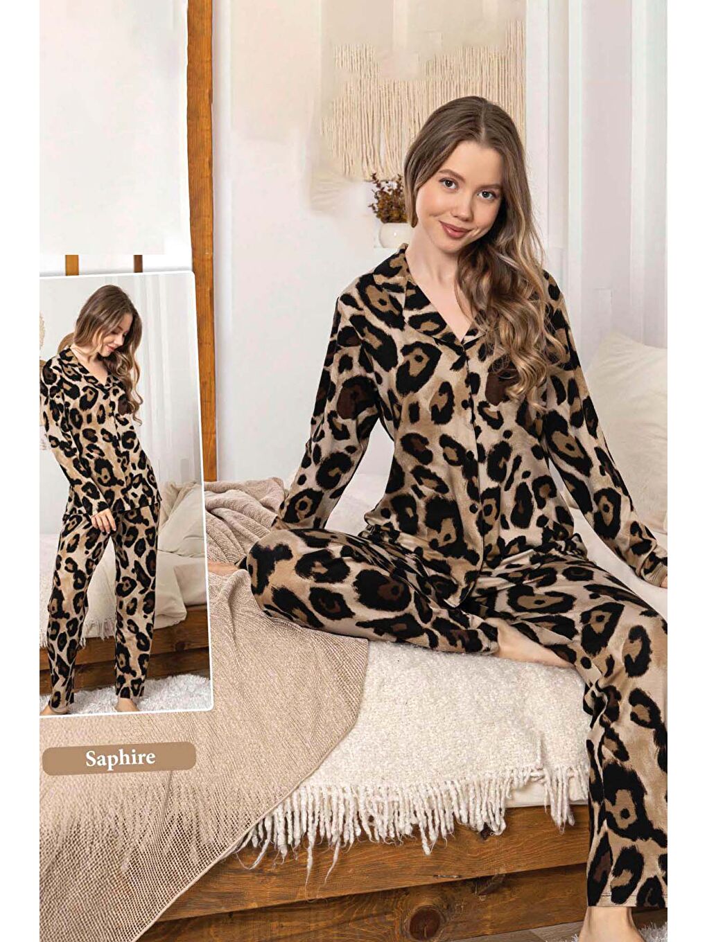Kadın Leopar Desen Düğmeli Saphire Pijama Takımı 0333 Kahverengi