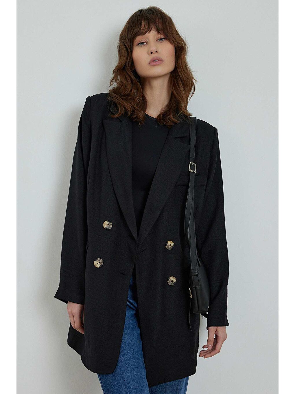 Flamlı Keten Görünümlü Ceket - Siyah-1