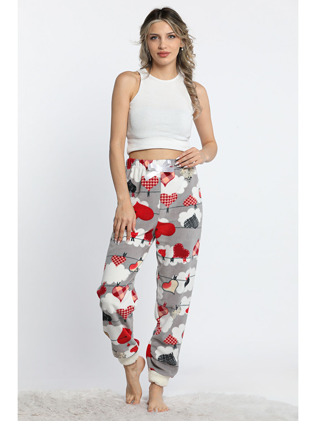 Gri Kalp Ve Bulut Desenli Kadın Polar Pijama Altı-2