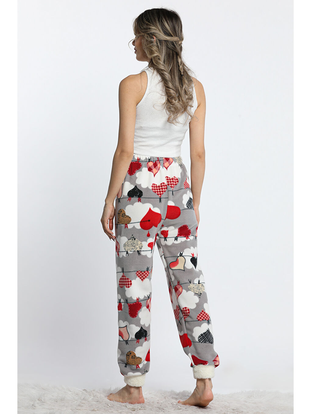 Gri Kalp Ve Bulut Desenli Kadın Polar Pijama Altı-3