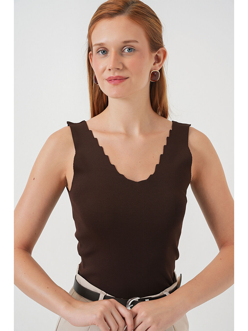 Kadın Zikzaklı V Yaka Bluz 15930 - Kahverengi-3