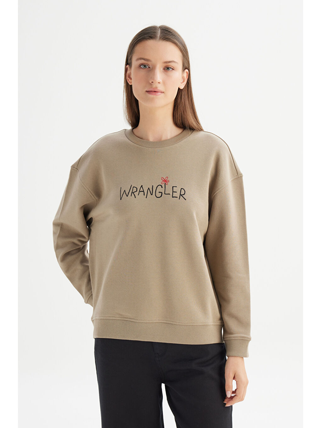 %100 Pamuk Relaxed Fit Geniş Bisiklet Yaka Bej Big Logo Sweatshirt-2