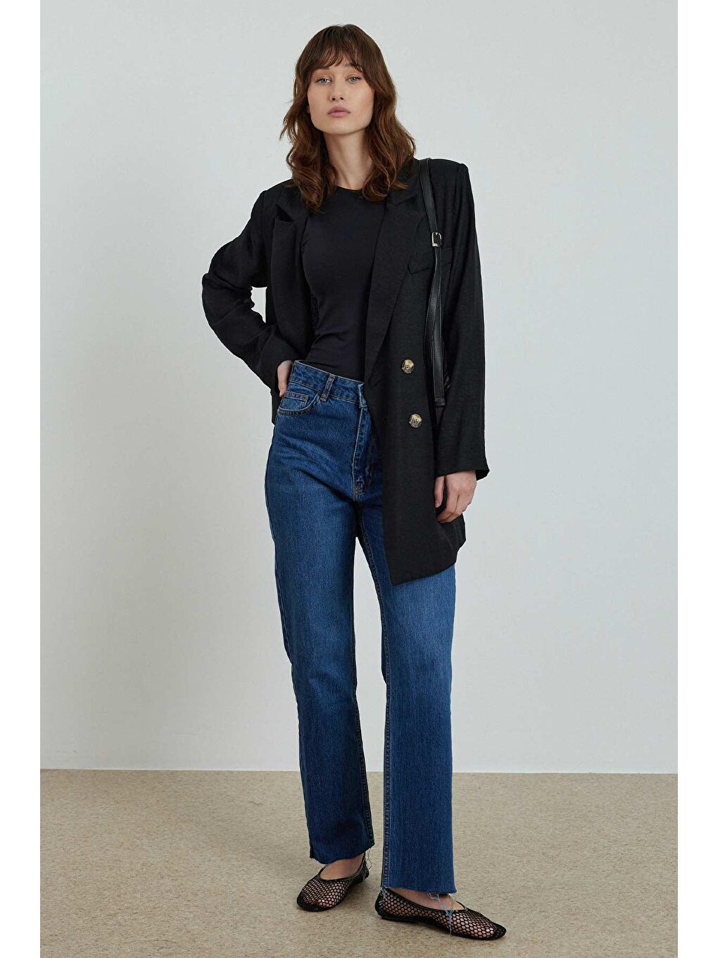 Flamlı Keten Görünümlü Ceket - Siyah-2