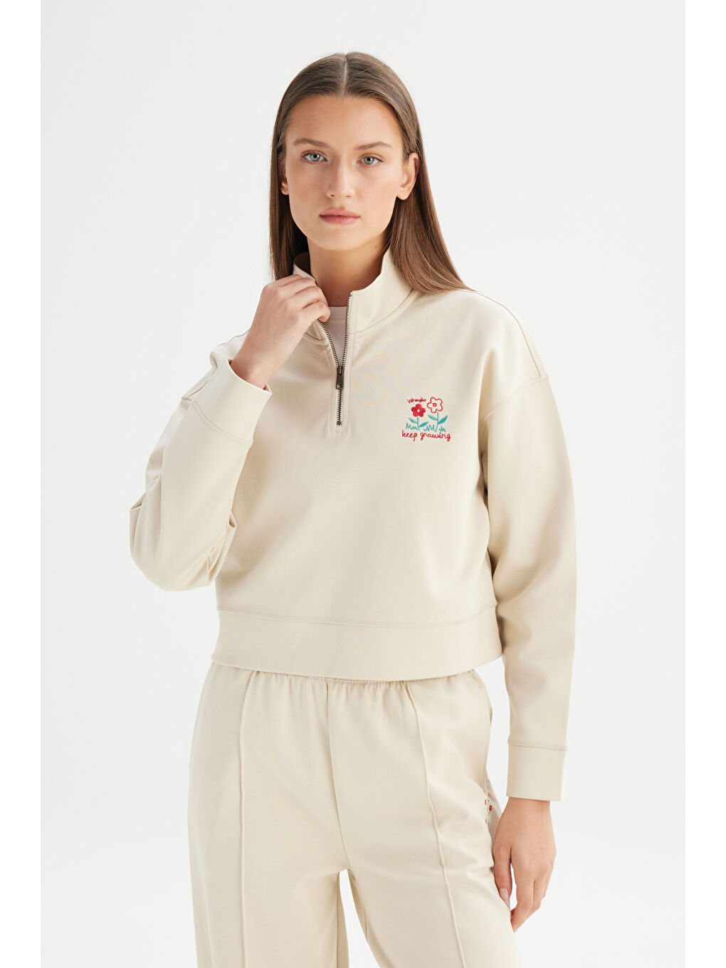 Regular Fit Normal Kesim Fermuar Yaka Detaylı Bej Sweatshirt-2