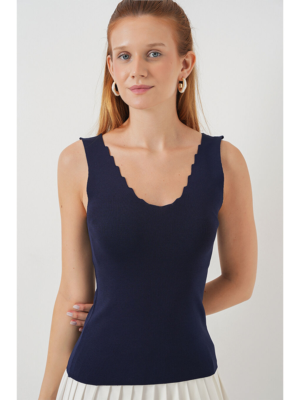 Kadın Zikzaklı V Yaka Bluz 15930 - Lacivert