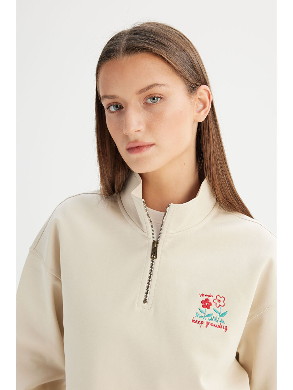 Regular Fit Normal Kesim Fermuar Yaka Detaylı Bej Sweatshirt-3