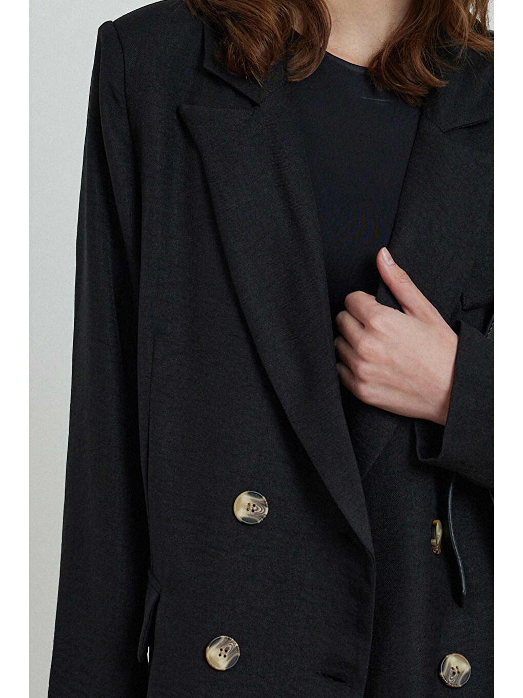 Flamlı Keten Görünümlü Ceket - Siyah-4