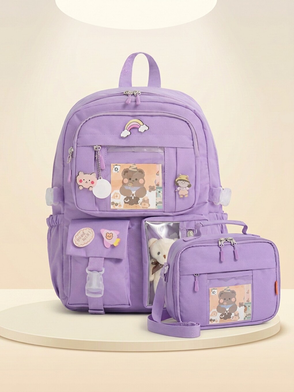 Lila 2'li Premium Set Çok Bölmeli Okul Çantası + Özel Tasarım Kalemlik (set Ürün)