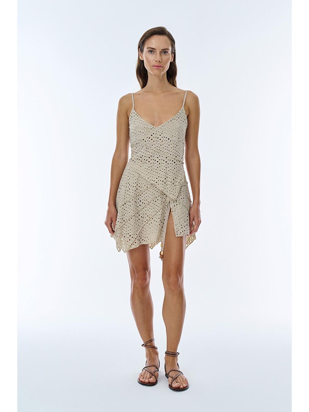 Fisto Boncuk Aksesuarlı Mini Etek Bej