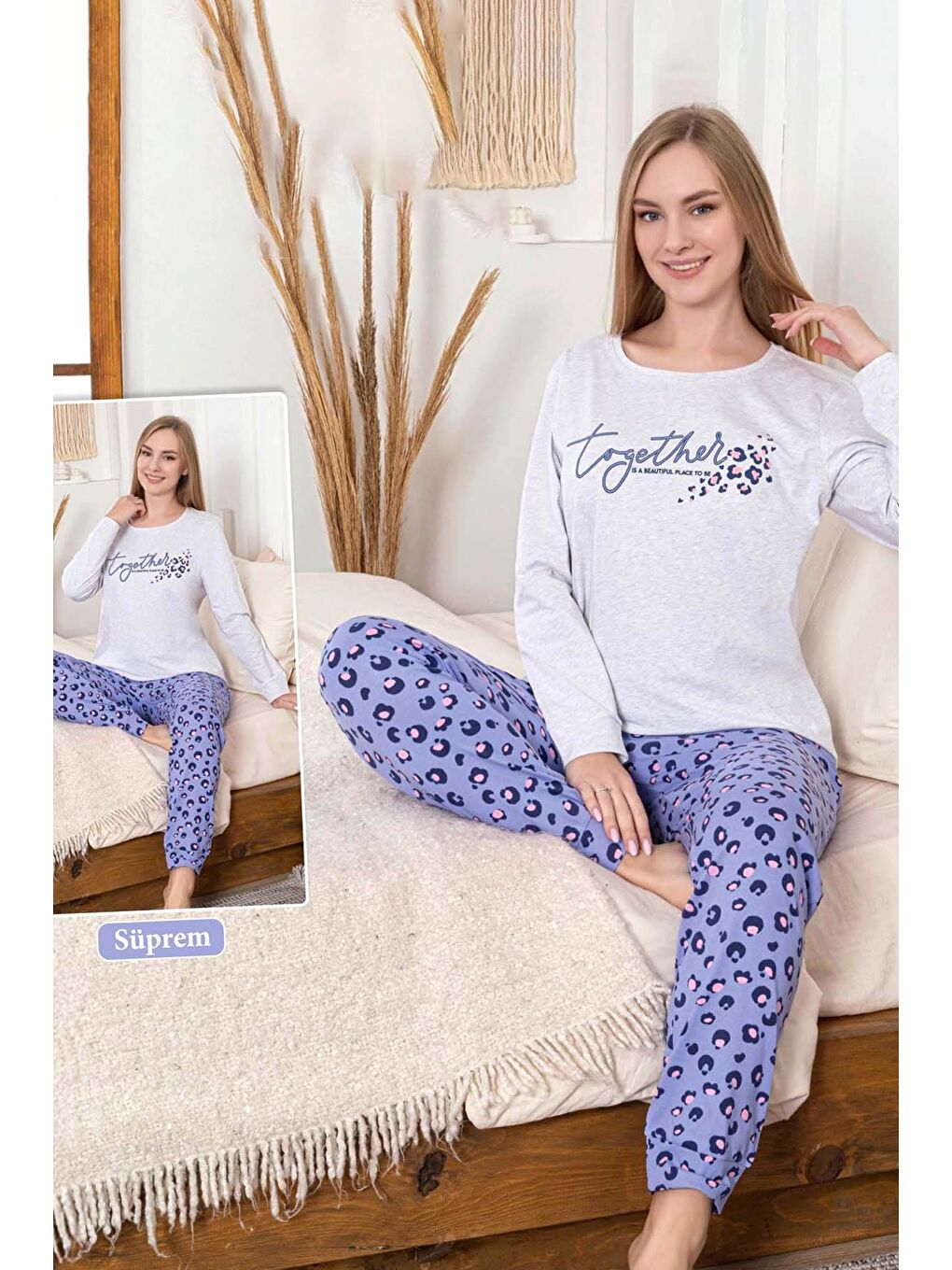 Kadın Leopar Desen Suprem Pijama Takımı 0456 Mor01-2