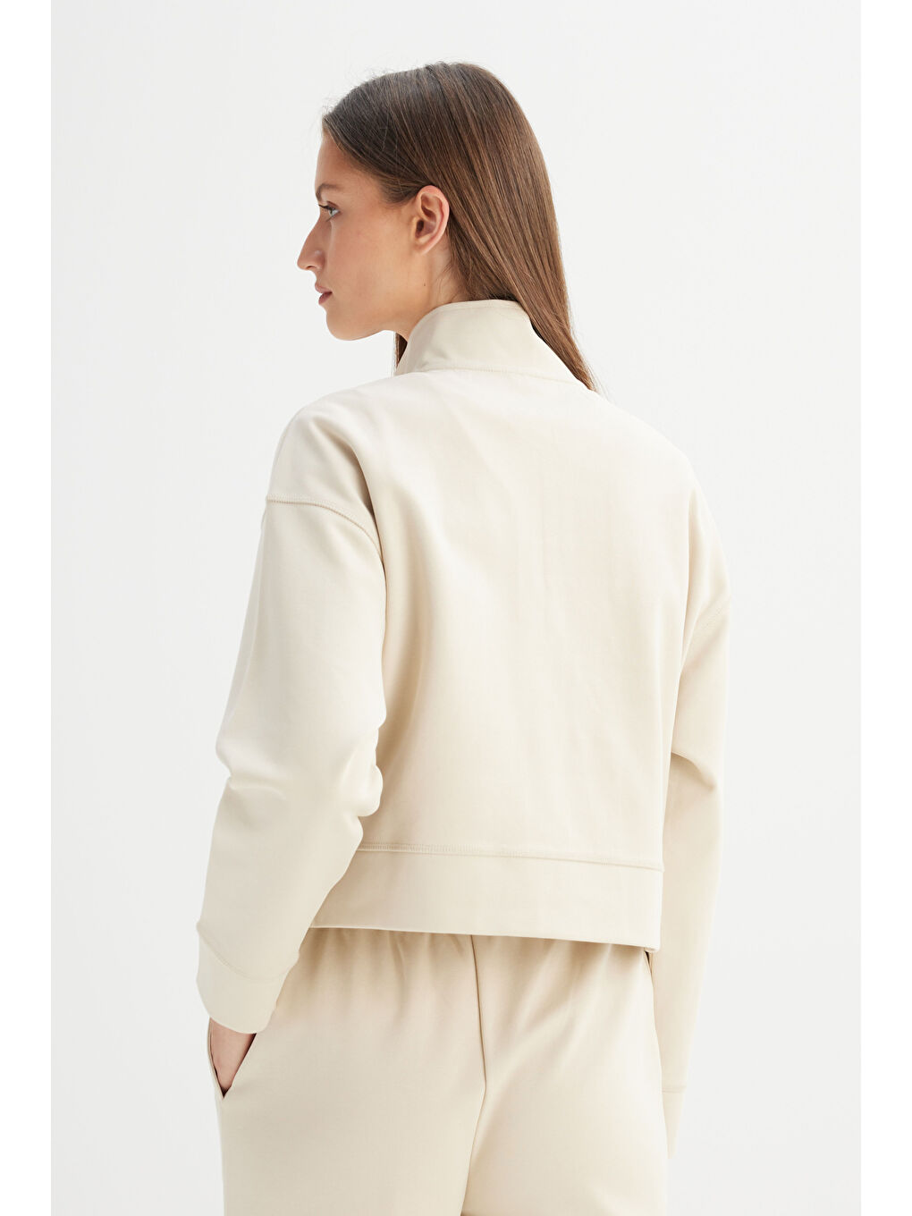 Regular Fit Normal Kesim Fermuar Yaka Detaylı Bej Sweatshirt-4