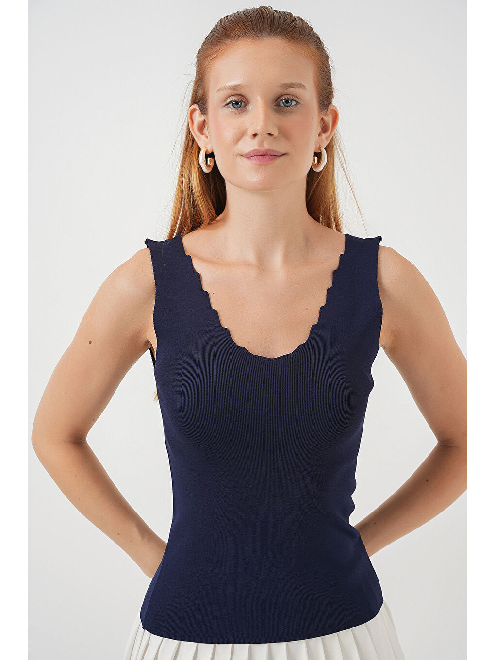 Kadın Zikzaklı V Yaka Bluz 15930 - Lacivert-1