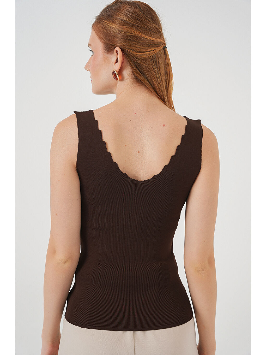 Kadın Zikzaklı V Yaka Bluz 15930 - Kahverengi-5