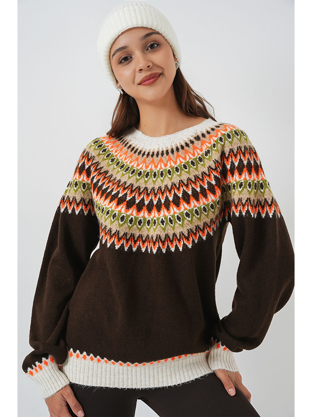 Kadın Desenli Triko Kazak 15932 - Kahverengi