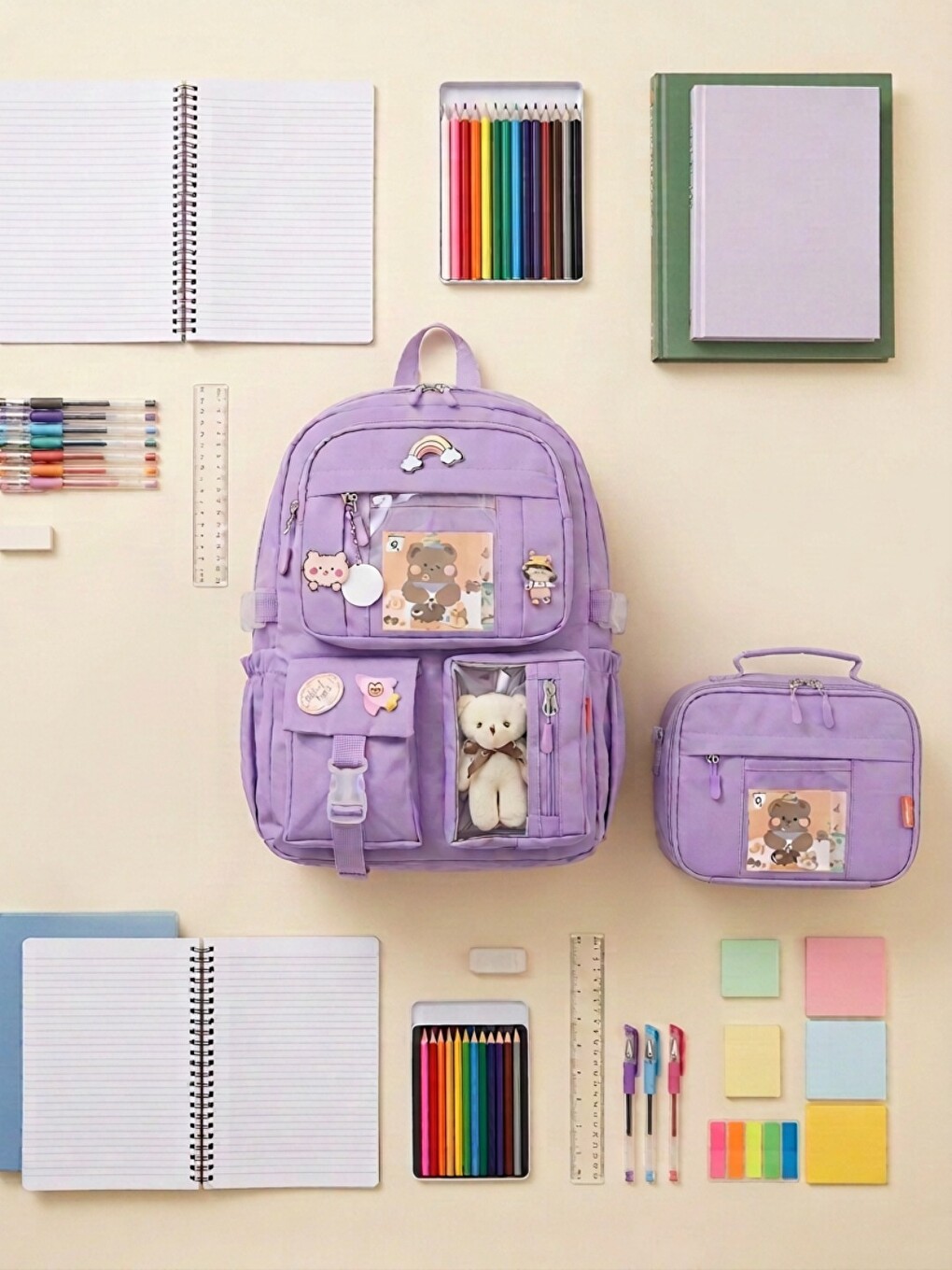 Lila 2'li Premium Set Çok Bölmeli Okul Çantası + Özel Tasarım Kalemlik (set Ürün)-1