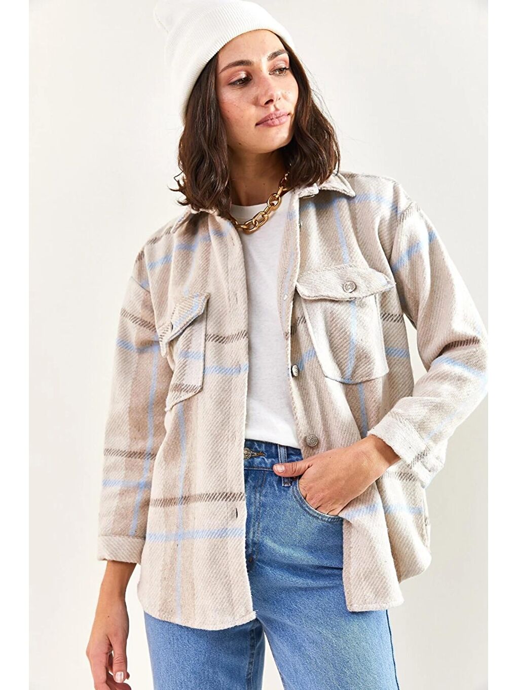 Bej Kadın Cepli Ekose Oduncu Gömlek 4634-1