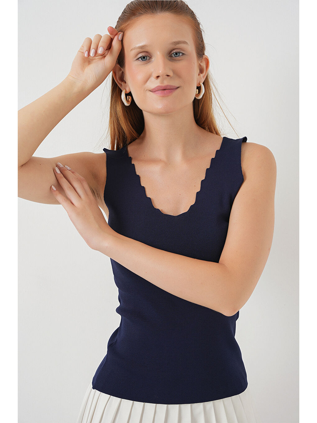 Kadın Zikzaklı V Yaka Bluz 15930 - Lacivert-2