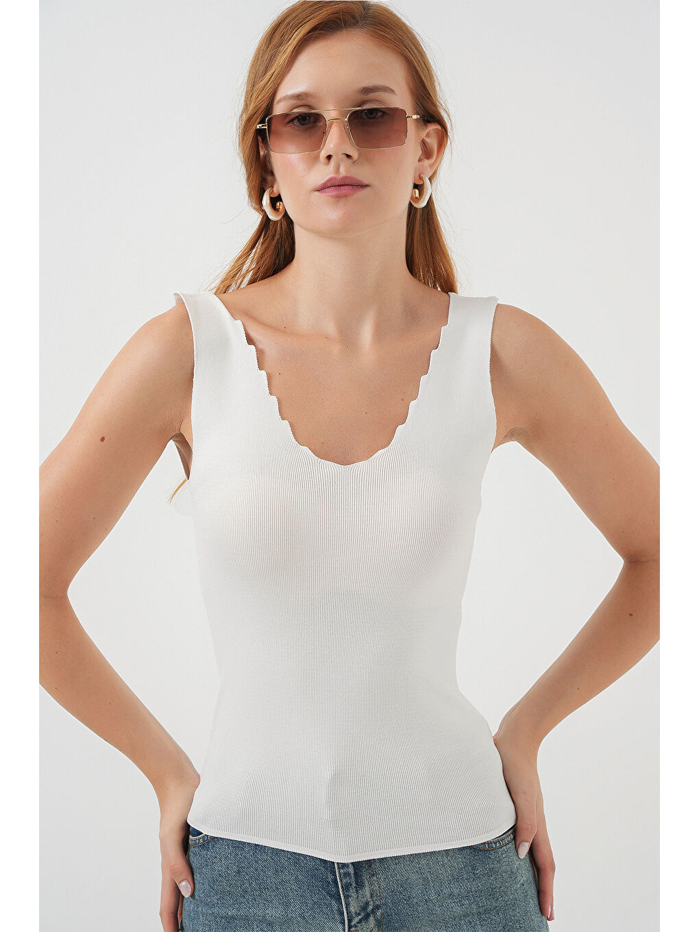 Kadın Zikzaklı V Yaka Bluz 15930 - Beyaz-3