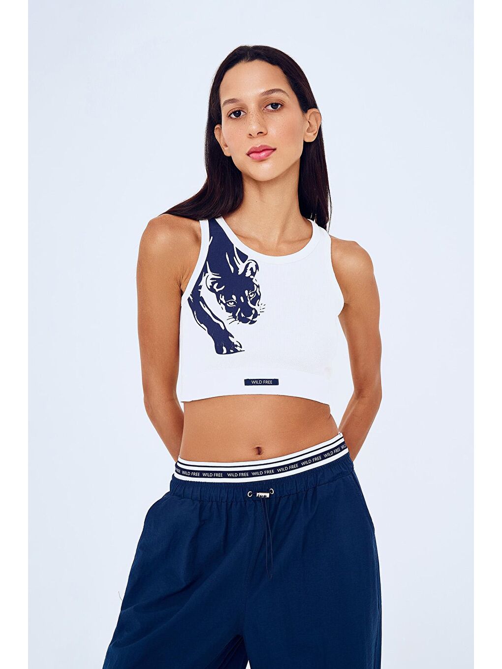 Halter Yaka Desenli Crop Atlet Lacivert