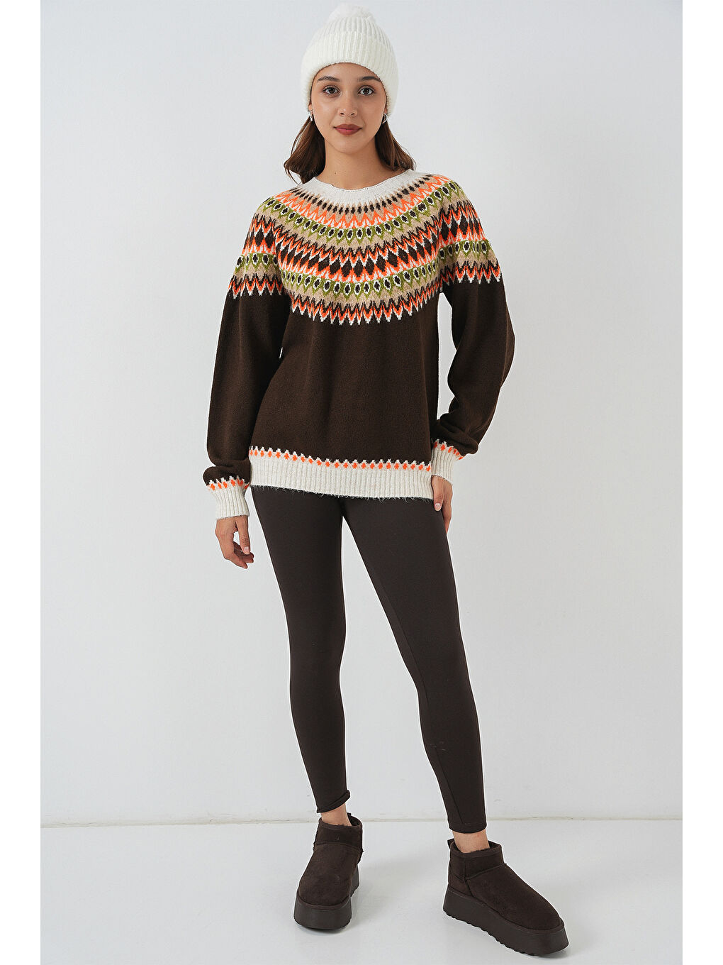 Kadın Desenli Triko Kazak 15932 - Kahverengi-1