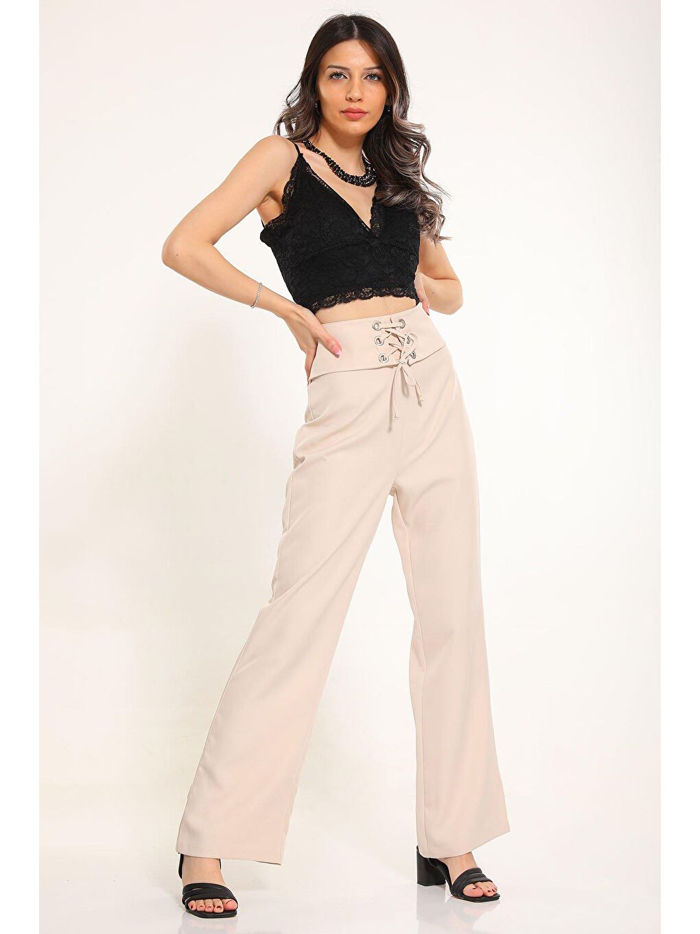 Bej Kadın Bel Kuşak Detaylı Palazzo Pantolon-2