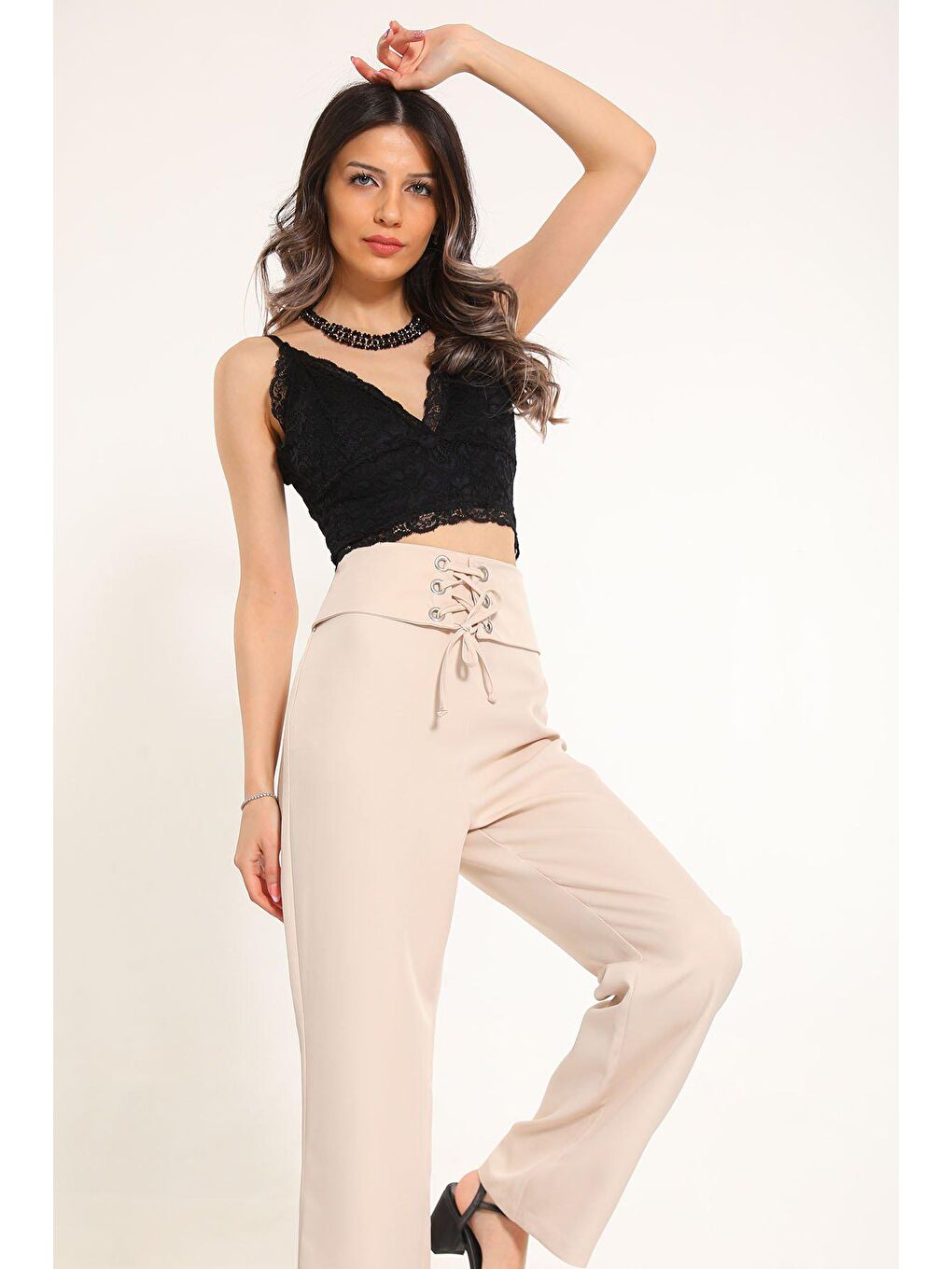Bej Kadın Bel Kuşak Detaylı Palazzo Pantolon-3